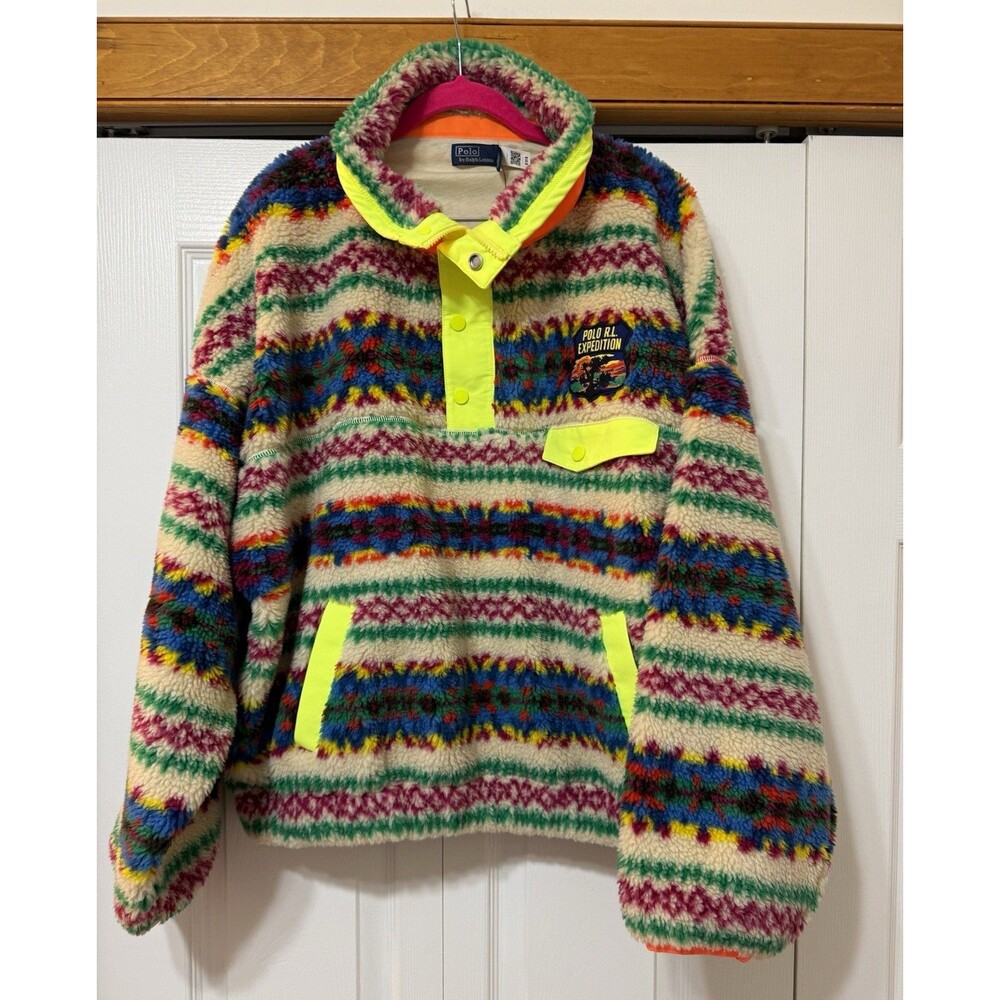 Polo Ralph Lauren RL Expedition Sherpa Fleece Snap Hoodie Striped L